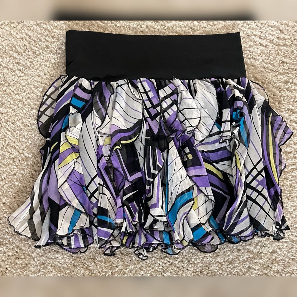 bebe Black and Purple Patterned Mini Skirt